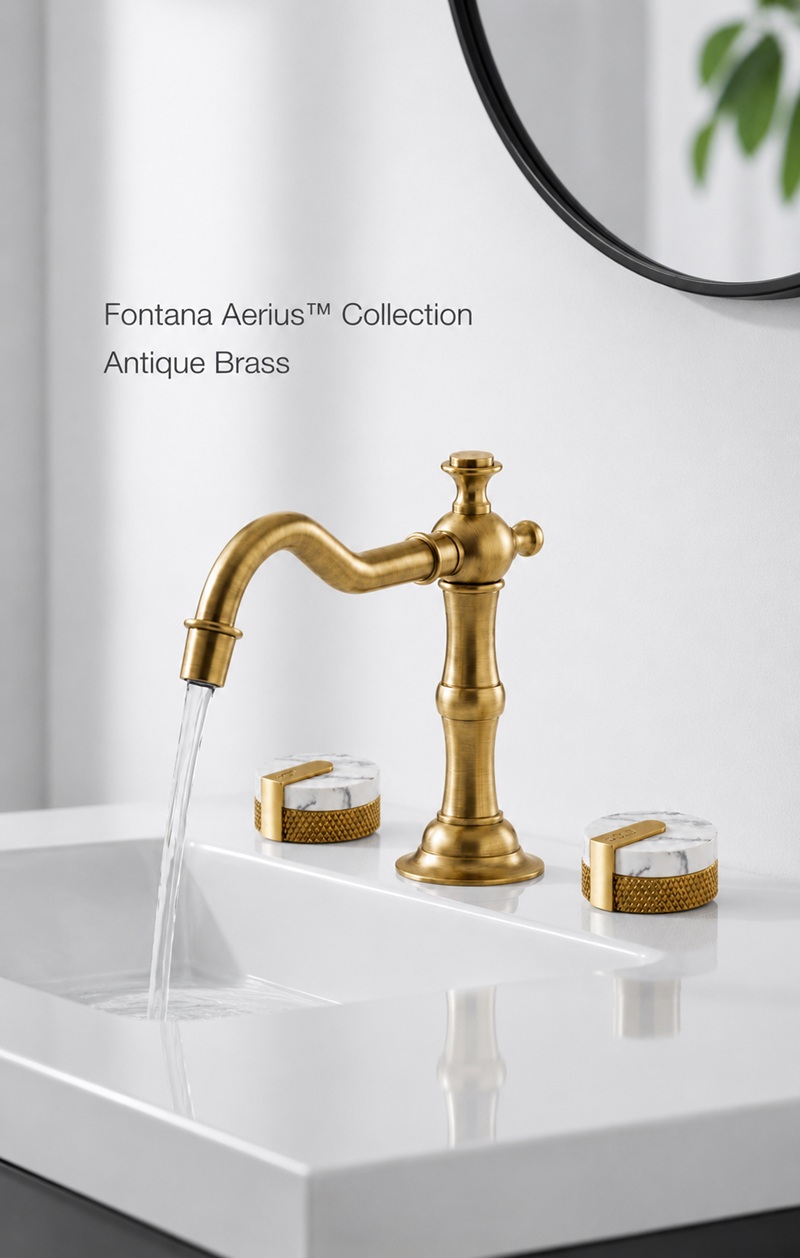 Fontana Aerius antique brass deck-mounted faucet with marble-style handles in a luxury bathroom