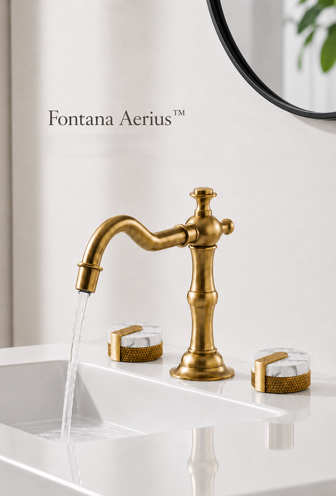 Fontana Aerius antique brass deck-mounted faucet with marble-style handles in a luxury bathroom