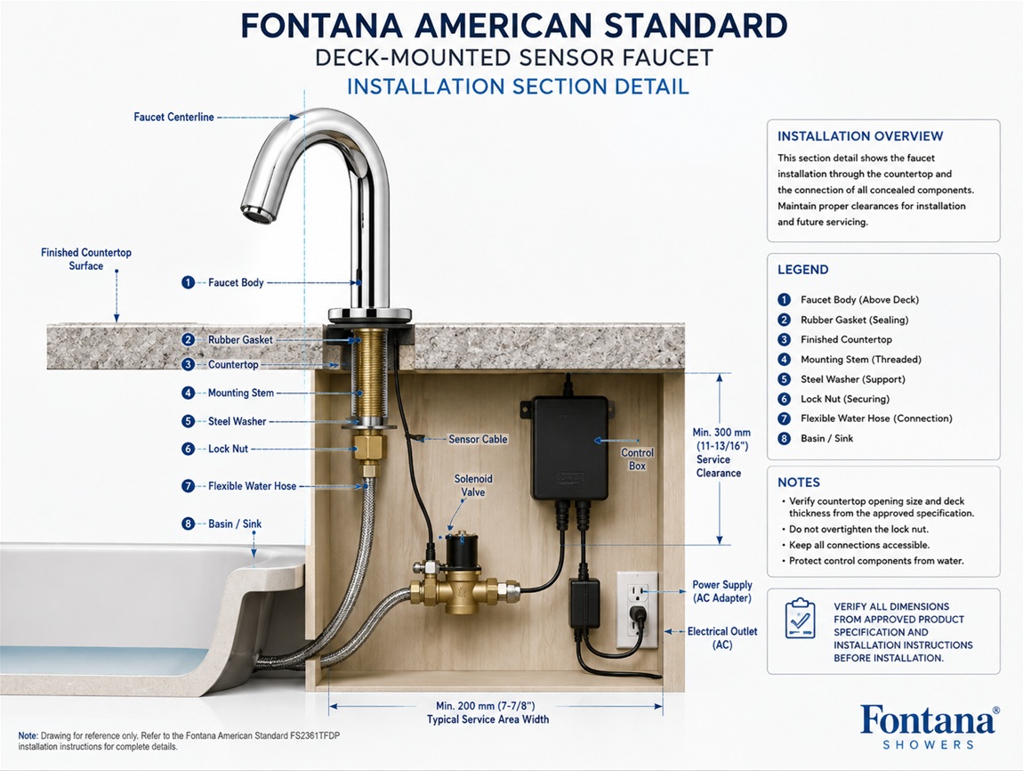 Fontana American Standard deck-mounted sensor faucet installation section drawing showing faucet body, countertop section, mounting stem, gasket, washer, lock nut, flexible hose, sensor cable, solenoid valve, control box and service clearance