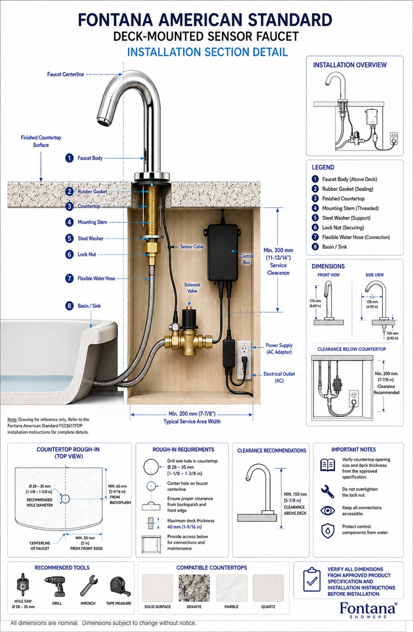 Fontana American Standard deck-mounted sensor faucet installation section drawing showing faucet body, countertop section, mounting stem, gasket, washer, lock nut, flexible hose, sensor cable, solenoid valve, control box and service clearance