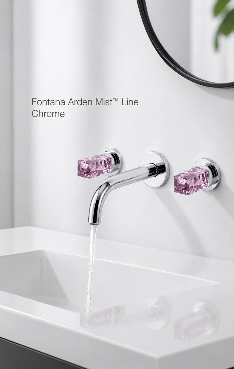 Fontana Arden Mist chrome wall-mounted faucet with pink crystal handles