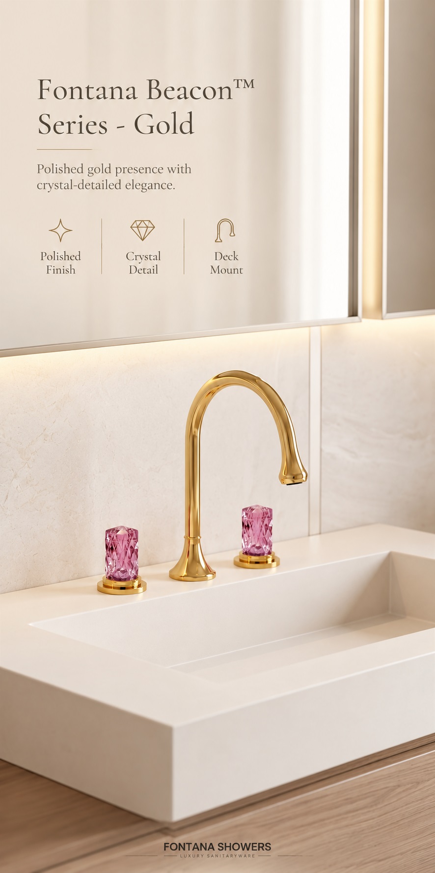Fontana Beacon Series Gold Bathroom Faucet with Pink Crystal Handles