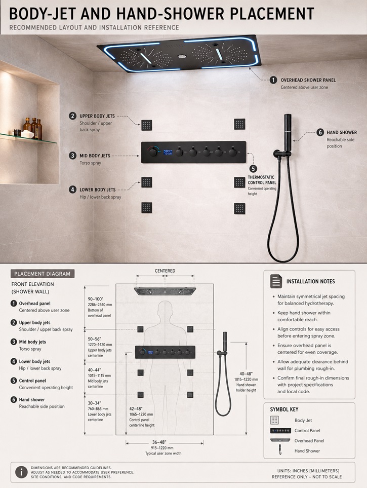 Fontana large rain shower head system body-jet and hand-shower placement guide showing front elevation, side section, installation heights, spray angles, standing zone, slide bar and hose outlet