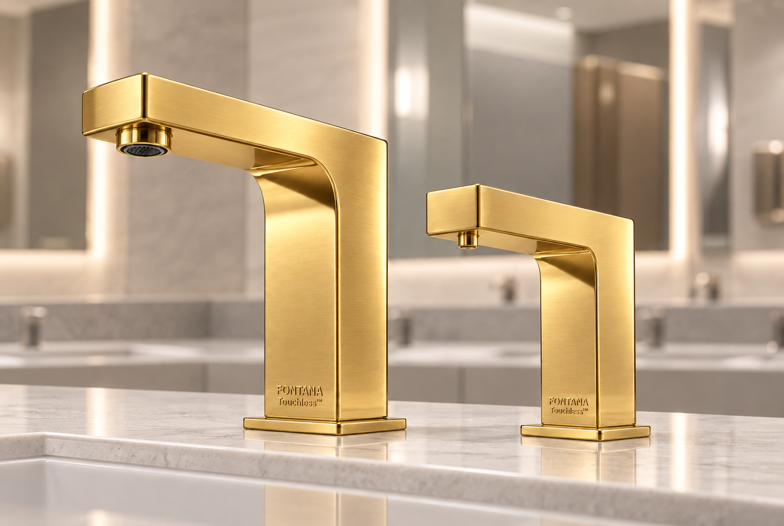Gold automatic faucets, commercial restroom architecture reference