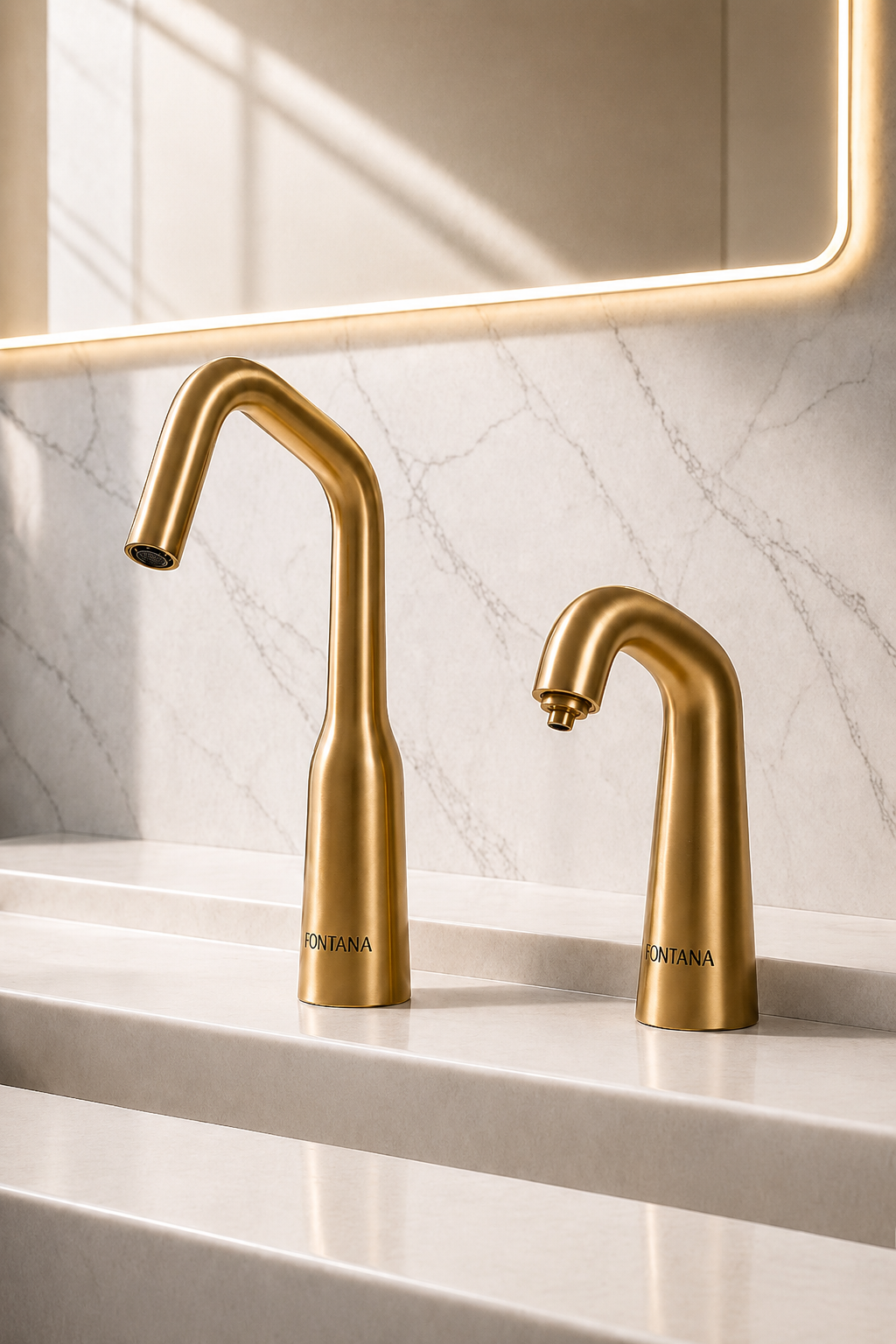 Gold touchless faucet and automatic soap dispenser specified for commercial restrooms