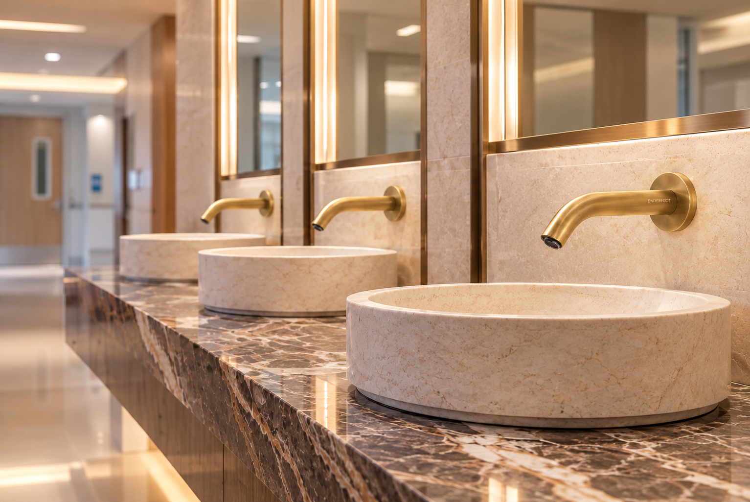 Commercial sensor faucet banks for institutional washroom reference
