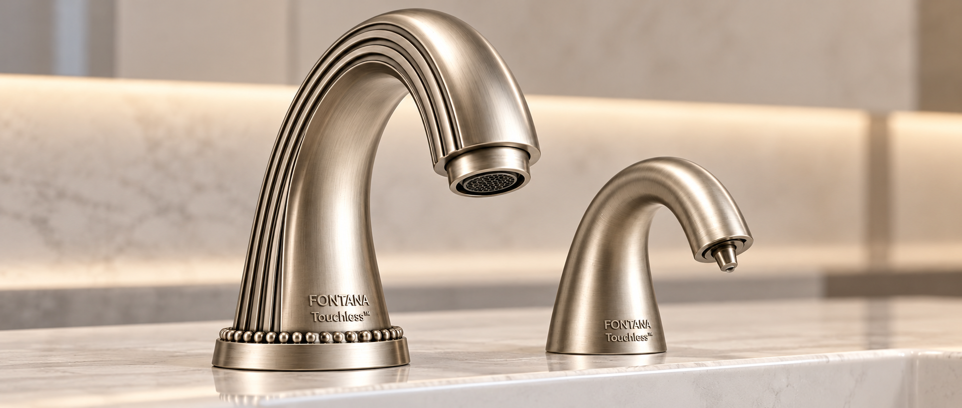 Brushed nickel arched touchless faucets illustrating spout clearance