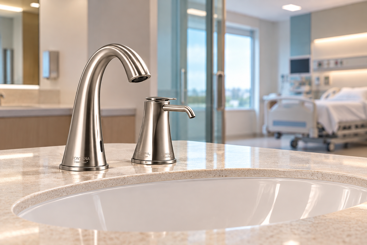 Brushed nickel touchless faucet in handwashing context
