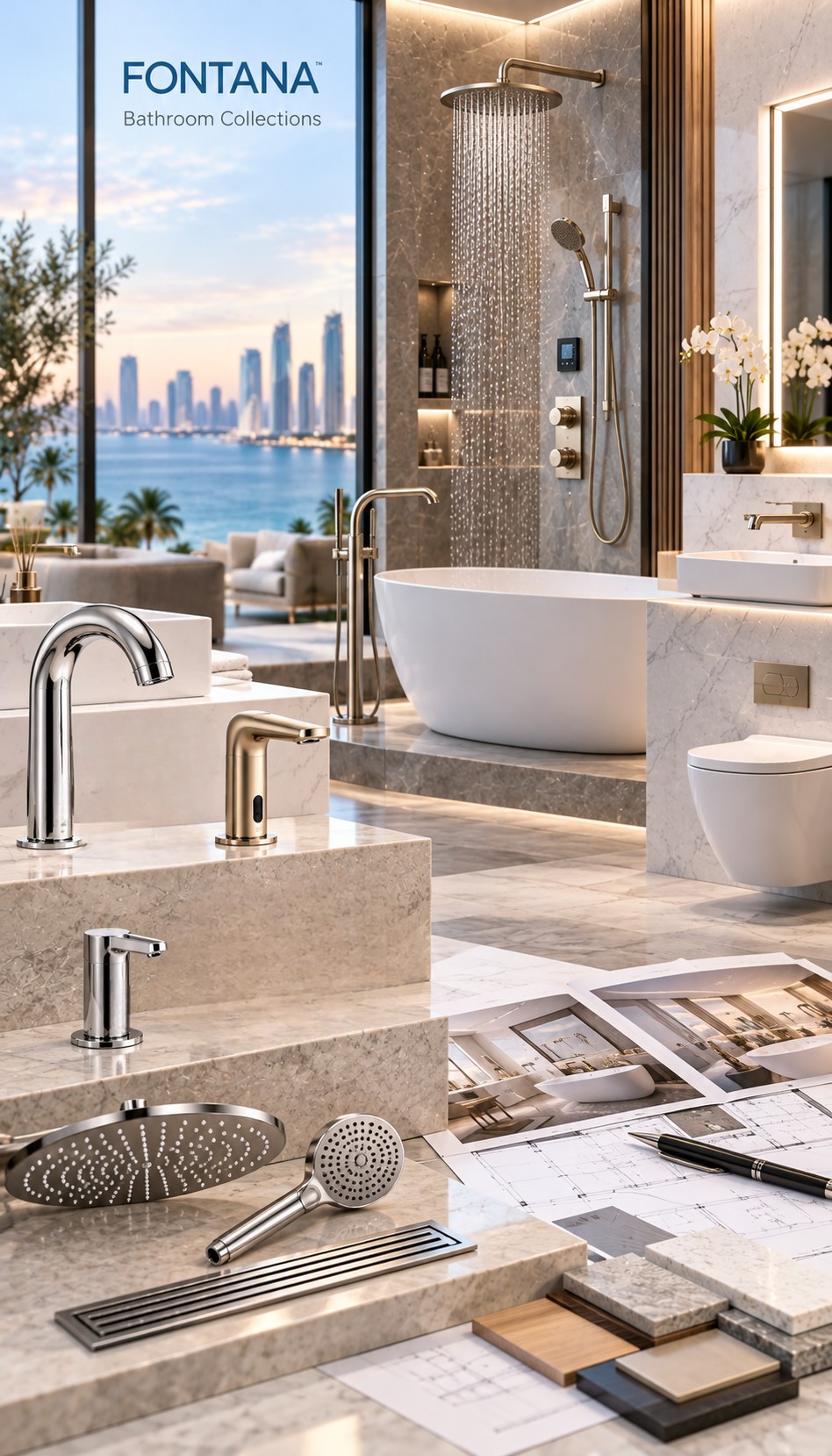 Fontana bathroom fixture collections featuring luxury shower systems, designer faucets, bathtubs and architectural bathroom products for hospitality, residential and commercial projects