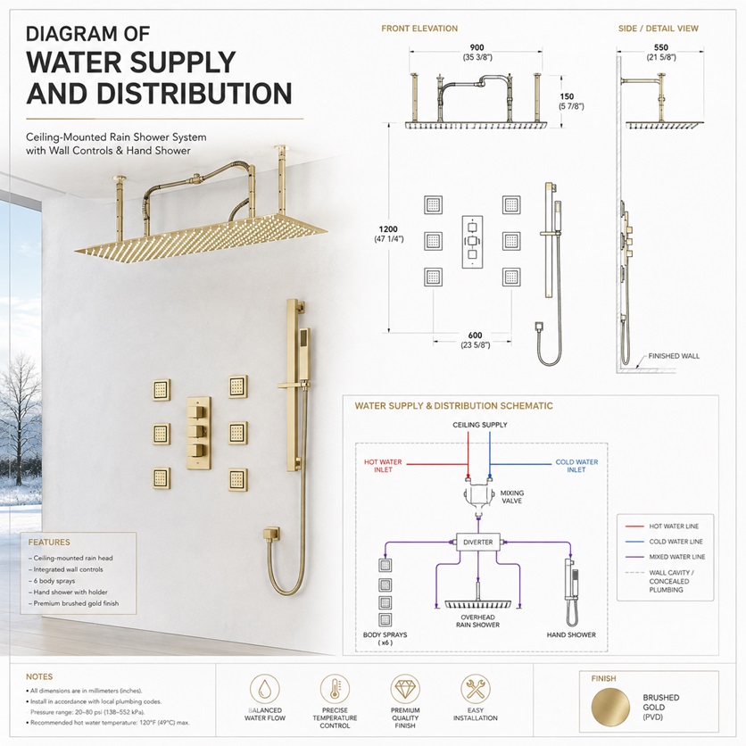 Diagram of water supply and distribution for a large rain shower system