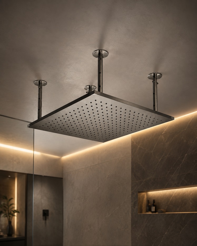 Fontana Maubeuge FS6029GMG three-function Gun Metal Gray LED shower system overall dimensional drawing showing front elevation, side section and plan view