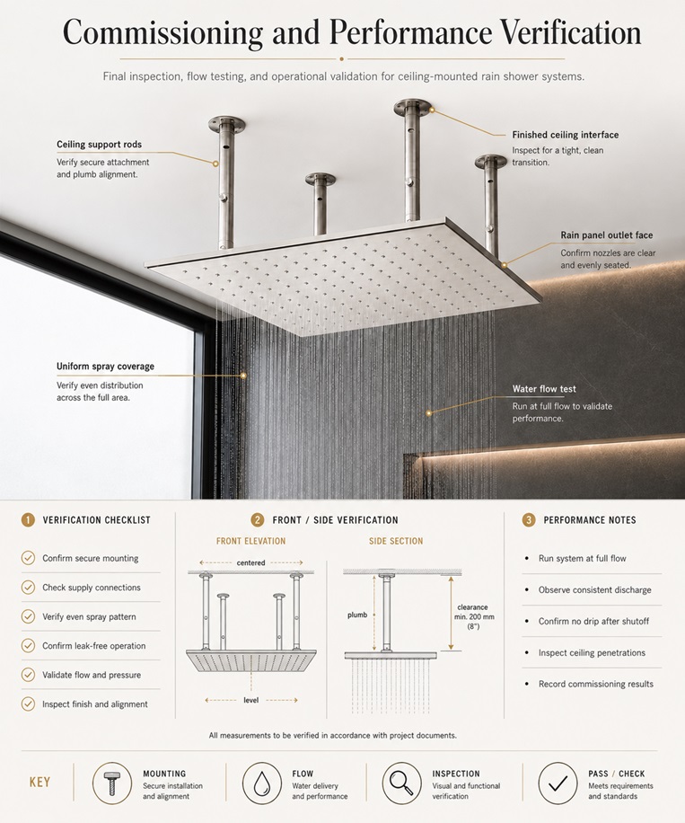 Fontana large rain shower head commissioning and performance verification guide showing flushing, leak testing, pressure balancing, thermostatic calibration, spray testing, drainage verification and acceptance criteria