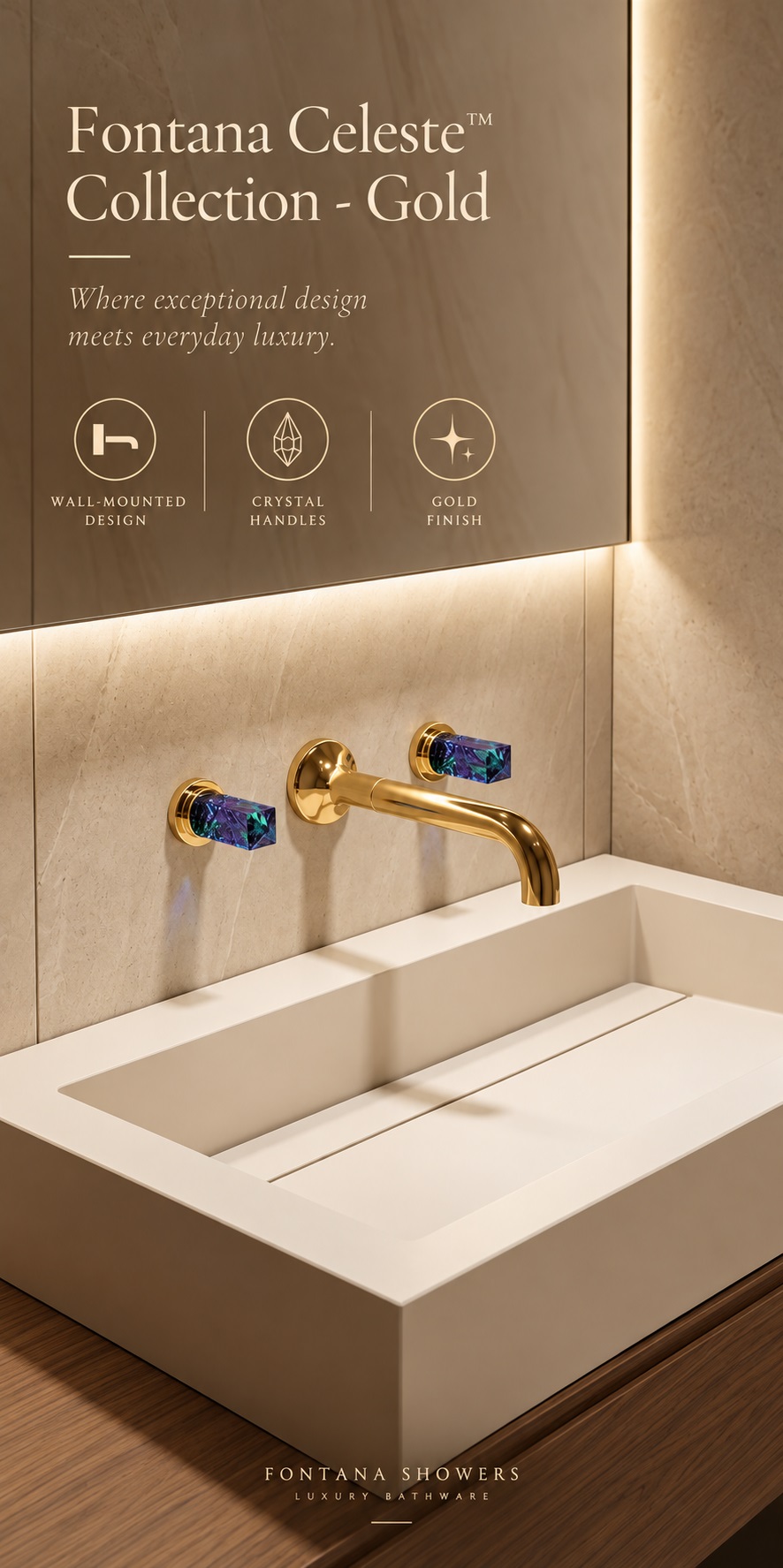 Fontana Celeste Collection Gold Wall Mounted Bathroom Faucet with Crystal Handles
