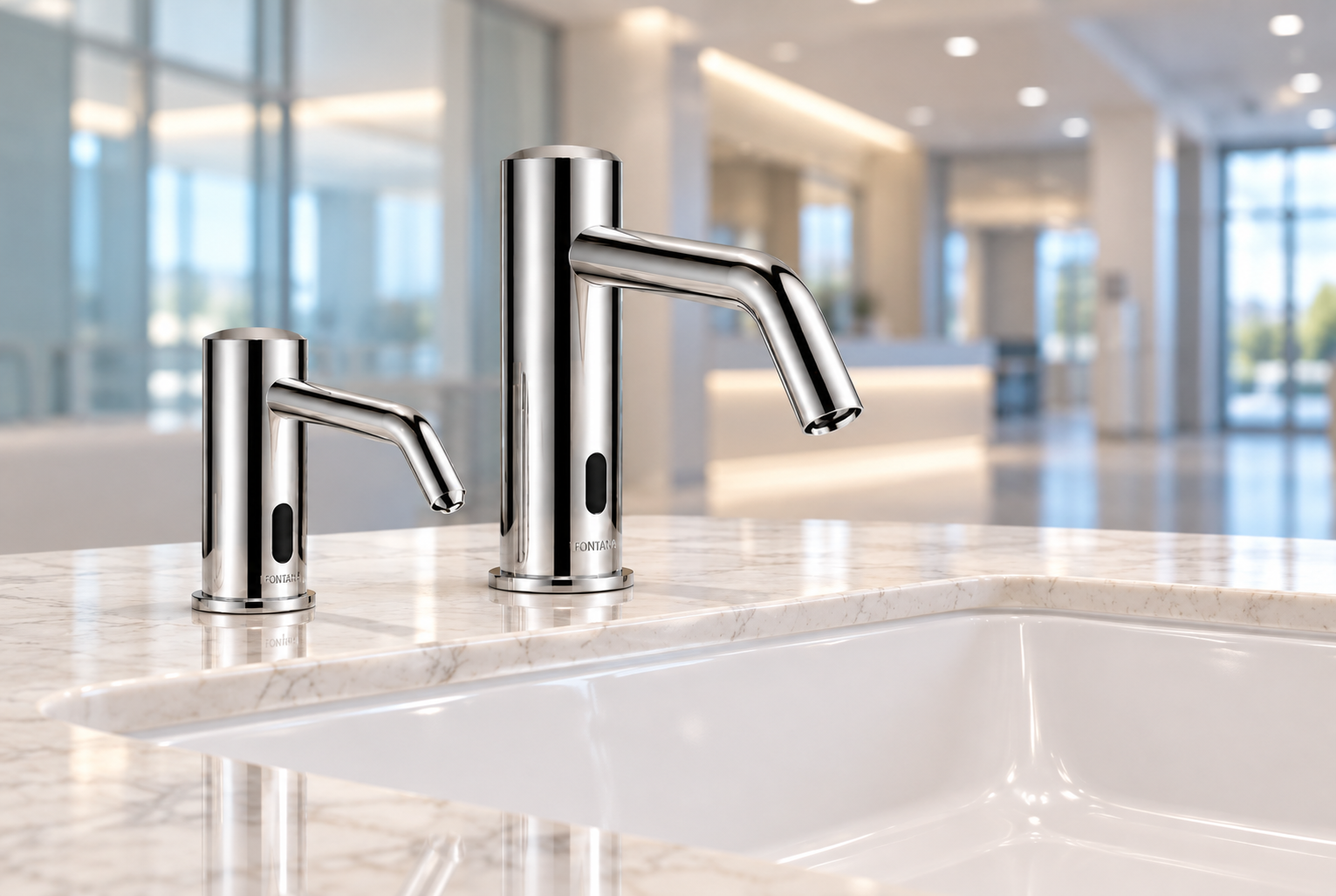 Coordinated automatic water faucet and touchless soap dispenser configuration