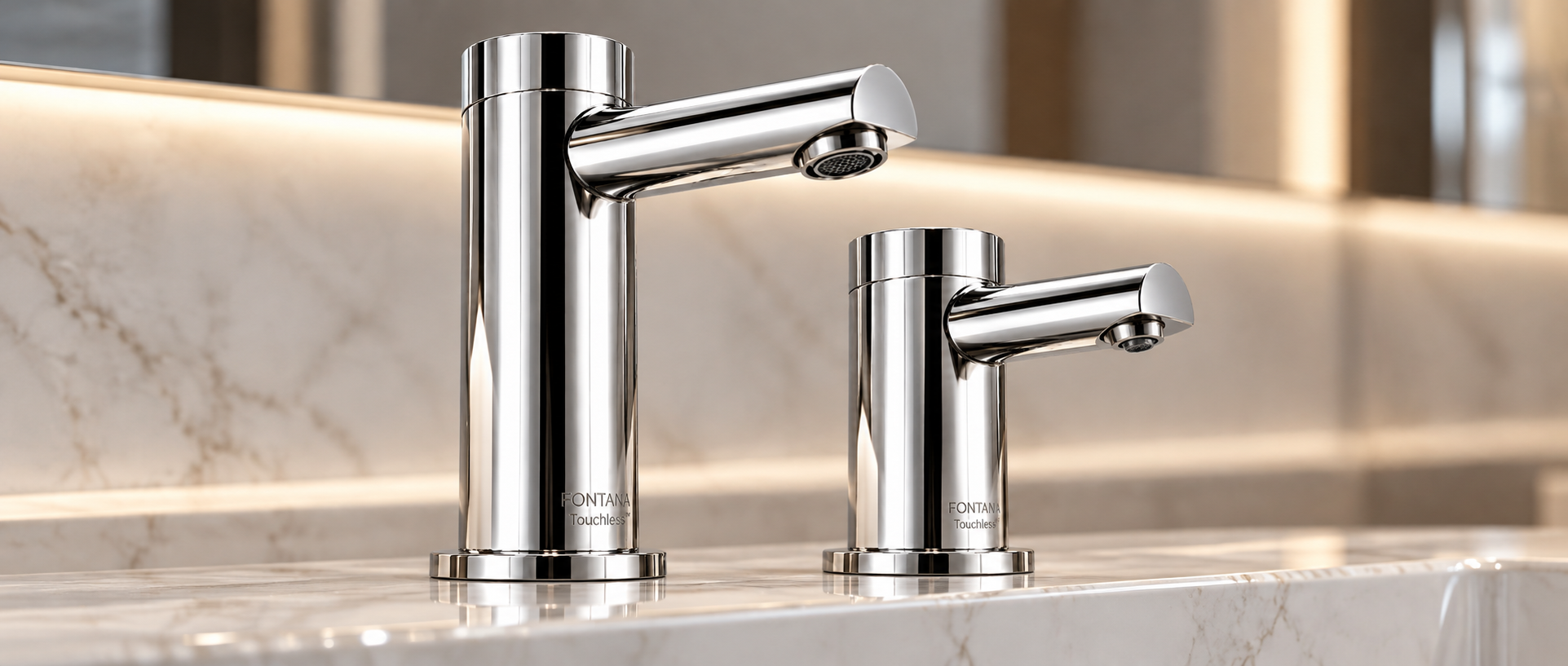 Chrome commercial sensor faucets illustrating repeated wash-station design