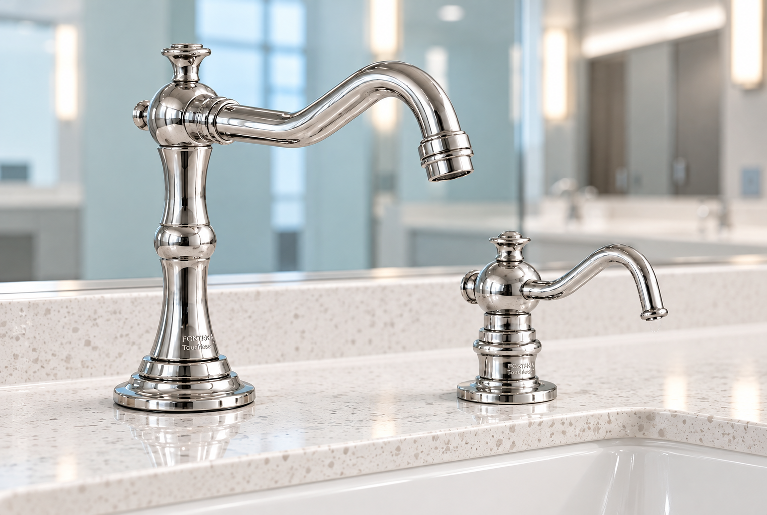 Gold sensor faucets installed in an architectural commercial washroom