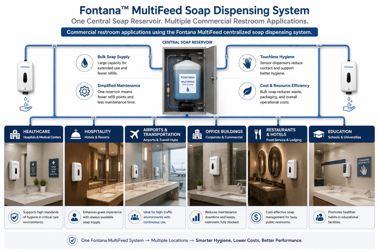 Commercial restroom applications using the Fontana MultiFeed centralized soap dispensing system