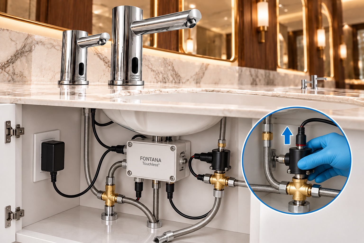 Schematic commercial faucet solenoid and undercounter maintenance access