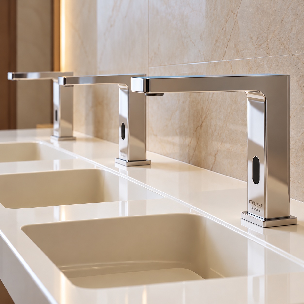 FontanaShowers commercial touchless bathroom faucets installed in a luxury architectural restroom with chrome sensor faucets and coordinated vanity