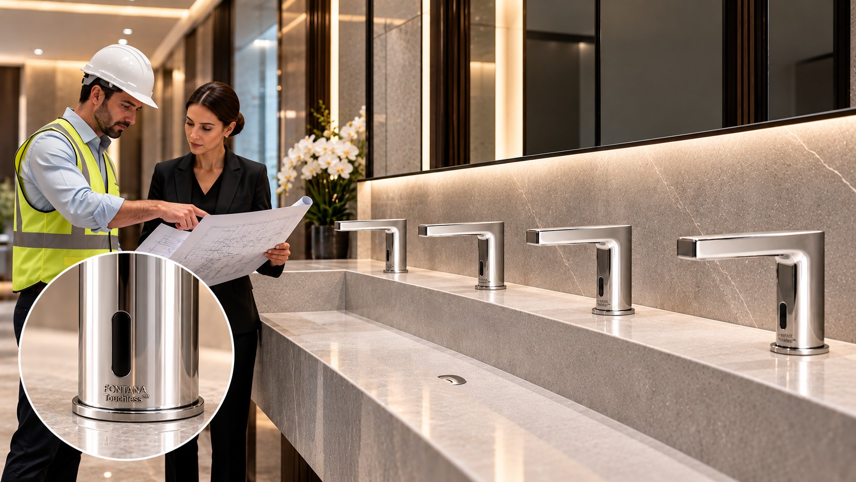 Contemporary architectural bathroom with coordinated Fontana faucets and premium finishes
