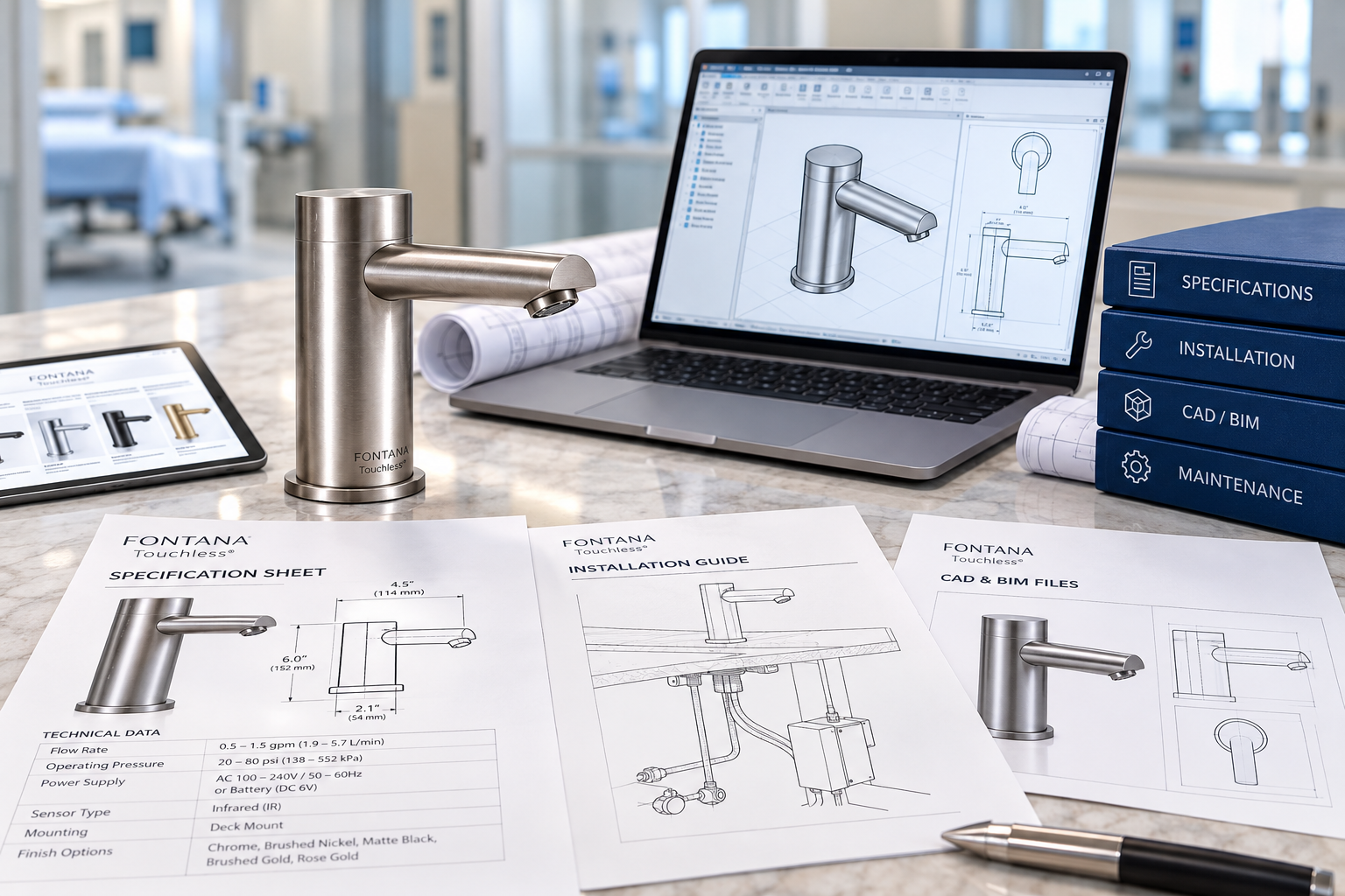 Schematic technical resources for healthcare touchless faucet specifications