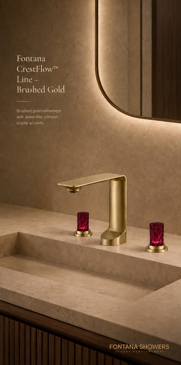 Fontana CrestFlow Line Brushed Gold Deck Mounted Crystal Knobs Bathroom Faucet