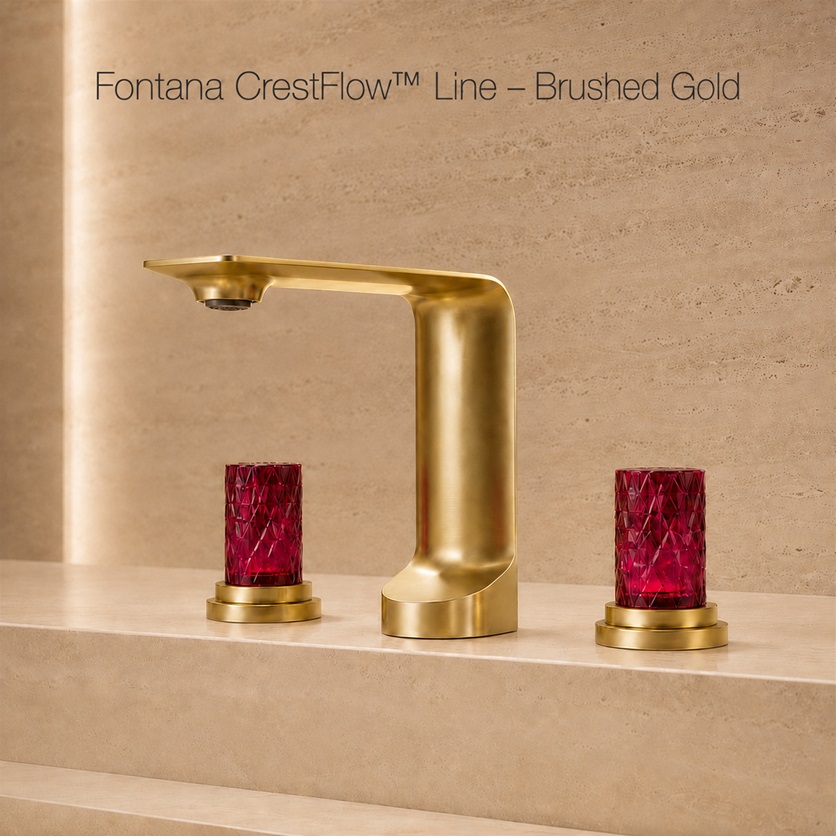 Fontana CrestFlow Brushed Gold Deck-Mounted Widespread Bathroom Faucet with Crystal Knobs