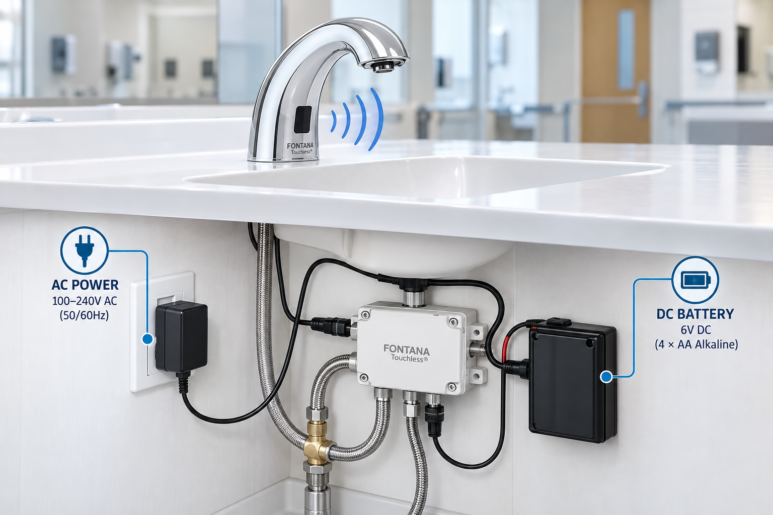 Schematic AC DC touchless faucet power and controller coordination