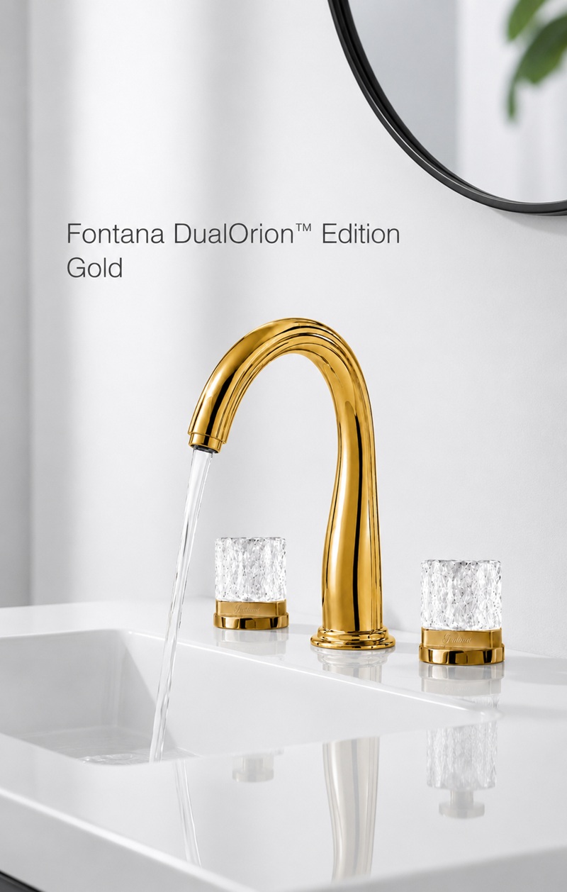 Fontana DualOrion gold deck-mounted faucet with crystal handles for a modern vanity