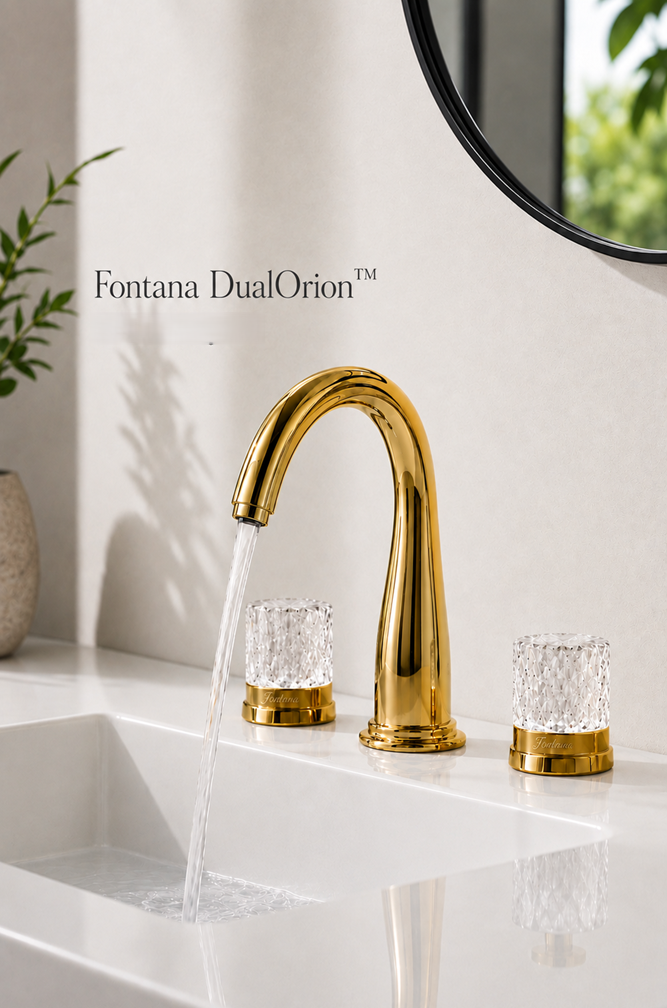 Fontana DualOrion gold deck-mounted faucet with crystal handles for a modern vanity