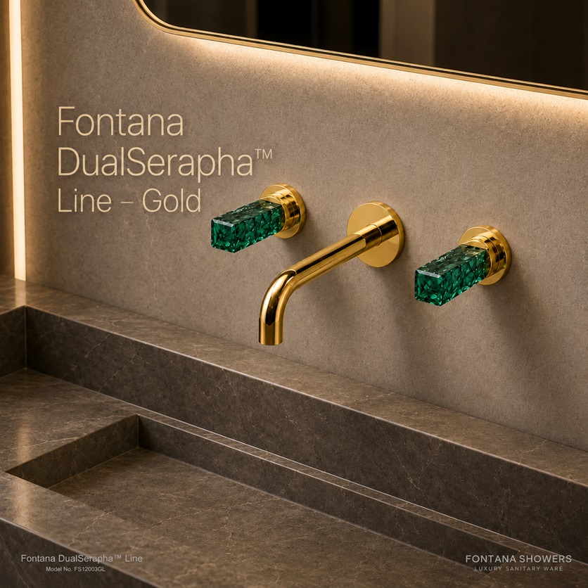 Fontana DualSerapha Gold Wall-Mounted Two Handle Bathroom Faucet with Green Crystal Handles