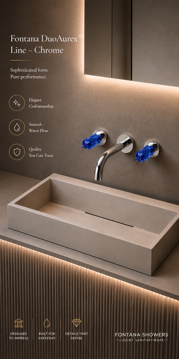 DuoAurex Line Chrome Wall Mount Faucet with Blue Crystal Handles