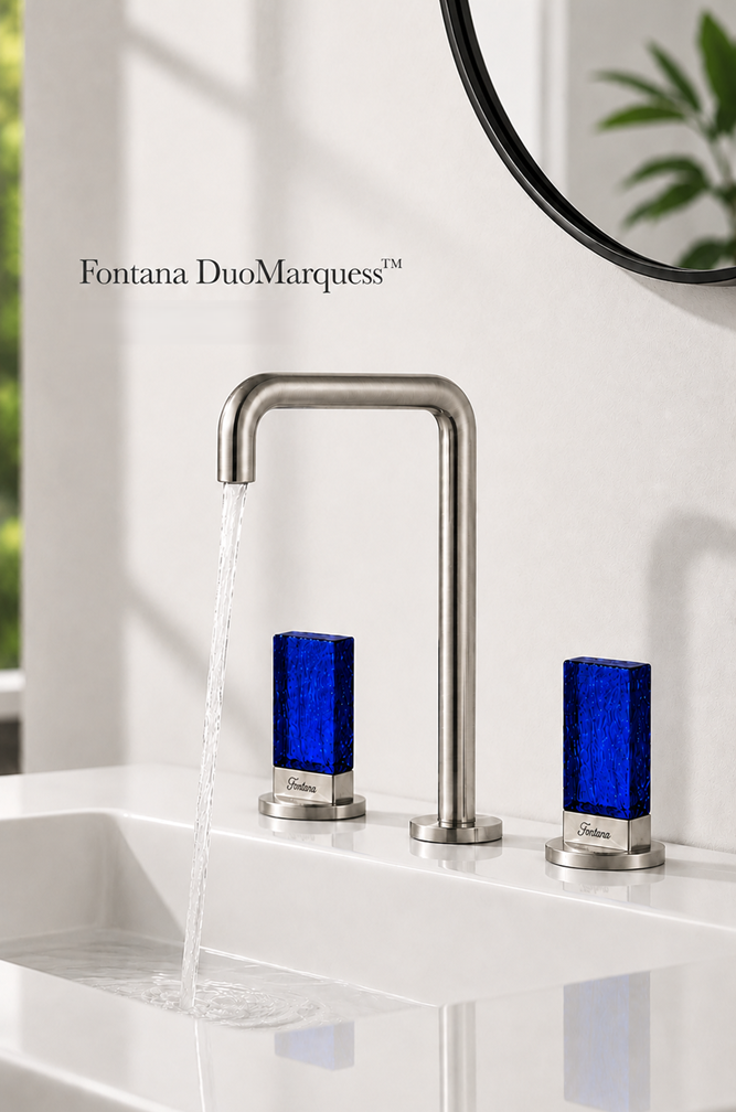 Fontana DuoMarquess brushed nickel deck-mounted faucet with blue glass handle for a luxury vanity