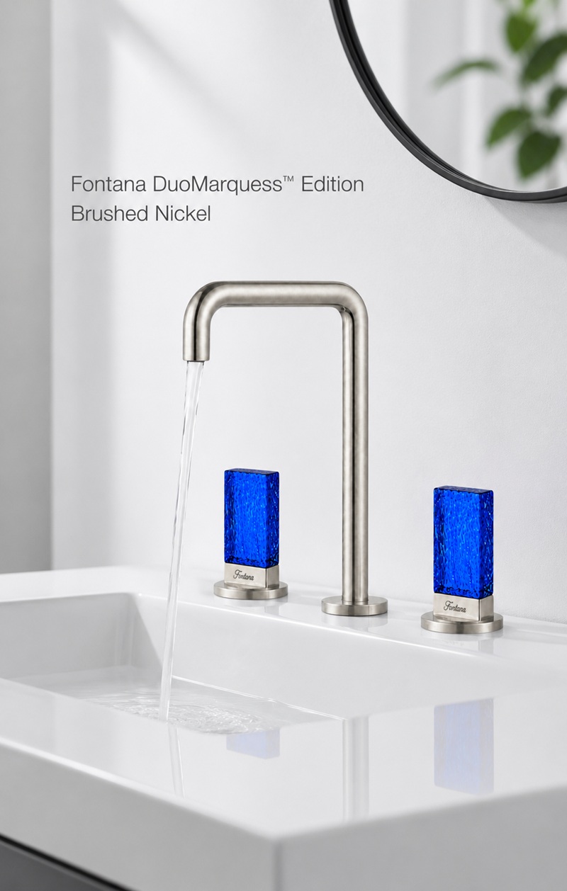 Fontana DuoMarquess brushed nickel deck-mounted faucet with blue glass handle for a luxury vanity