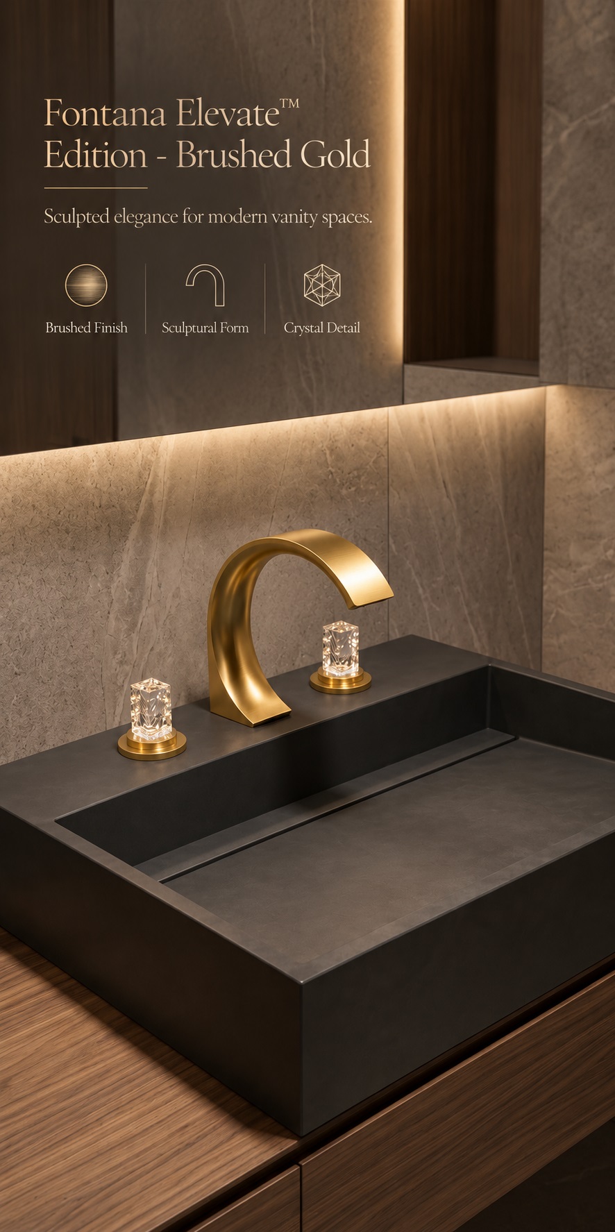 Fontana Elevate Edition Brushed Gold 3 Hole Bathroom Faucet with Crystal Handles