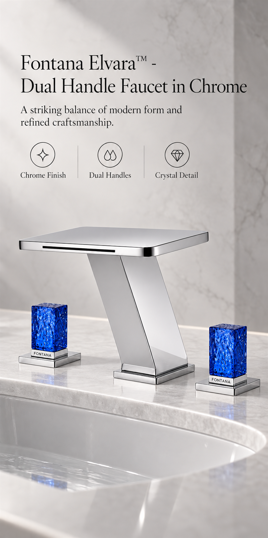 Fontana Elvara Chrome Dual Crystal Handle Waterfall Bathroom Faucet FS10CR
