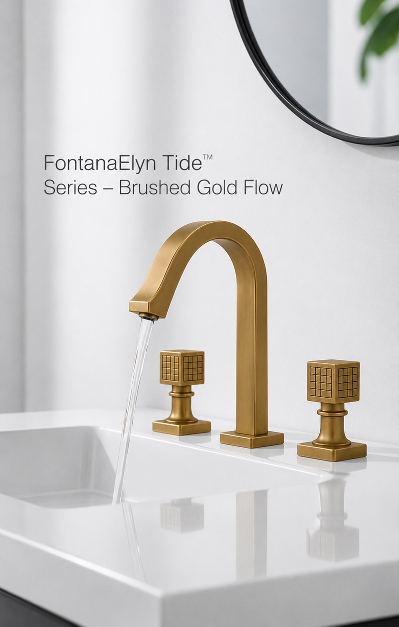Fontana Elyn Tide brushed gold widespread faucet in a luxury bathroom