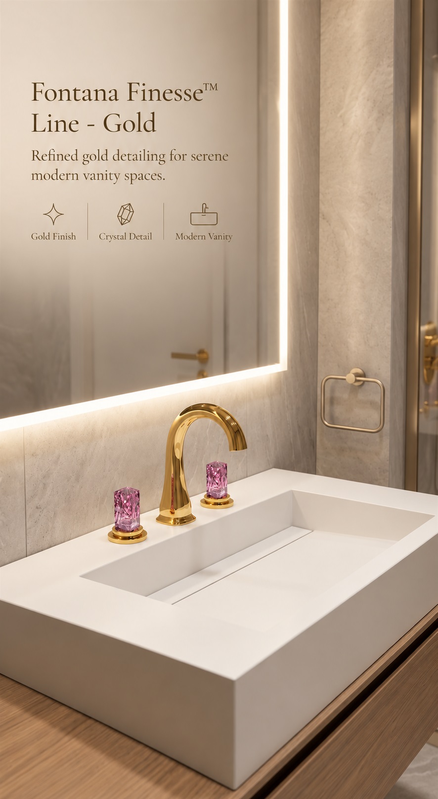 Fontana Finesse Line Gold Countertop Bathroom Faucet with Pink Crystal Handles