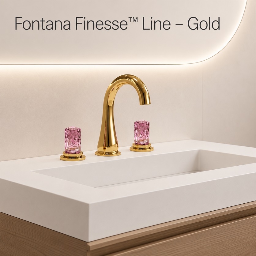 Fontana Finesse Gold Countertop Widespread Bathroom Faucet with Pink Crystal Handles