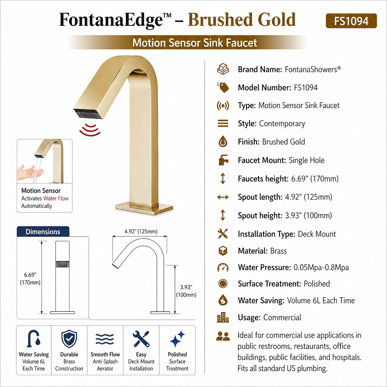 Fontana FS1094 Brushed Gold Touchless Motion Sensor Sink Faucet