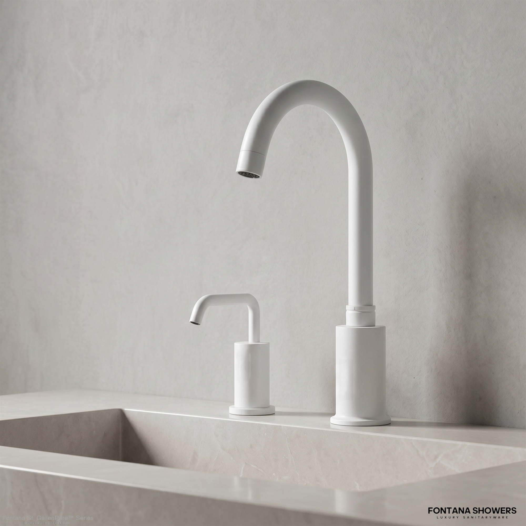 Fontana countertop faucet and soap dispenser system diagram showing soap reservoir, peristaltic pump, flexible tubing, check valve, soap nozzle, flow direction, priming path and operating sequence