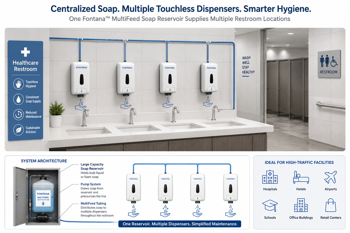 Healthcare restroom with multiple touchless soap dispensers supplied by a centralized Fontana MultiFeed soap reservoir
