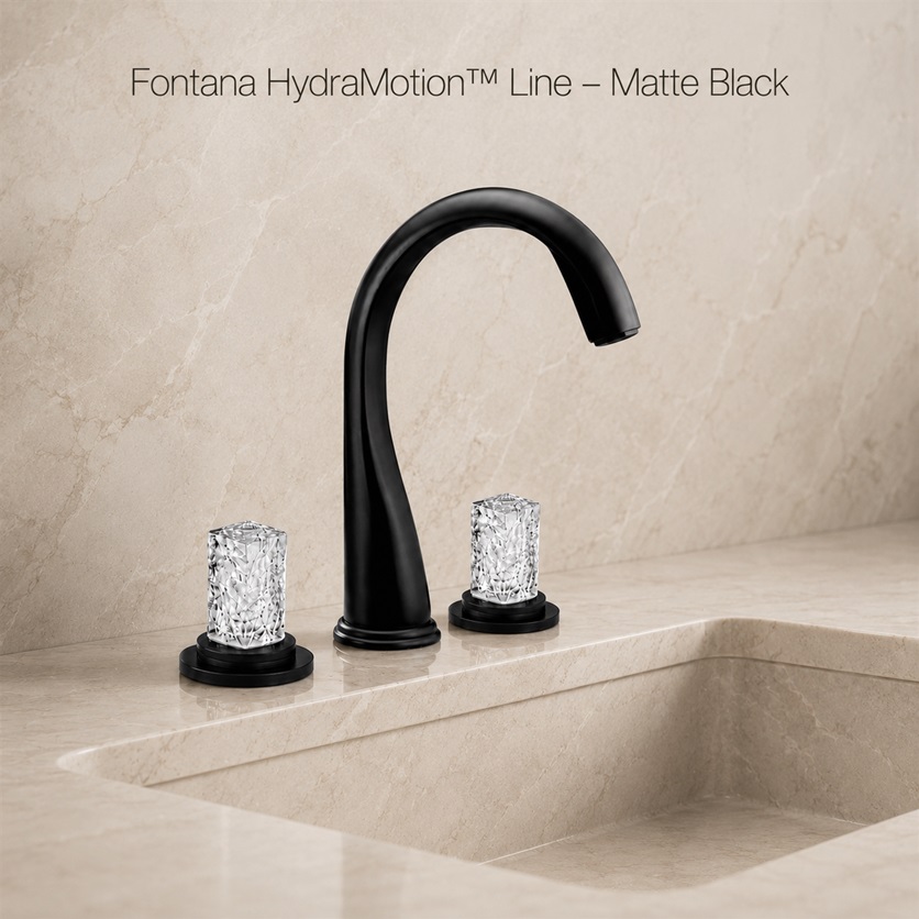 Fontana HydraMotion Matte Black Three-Hole Bathroom Basin Faucet with Crystal Handles