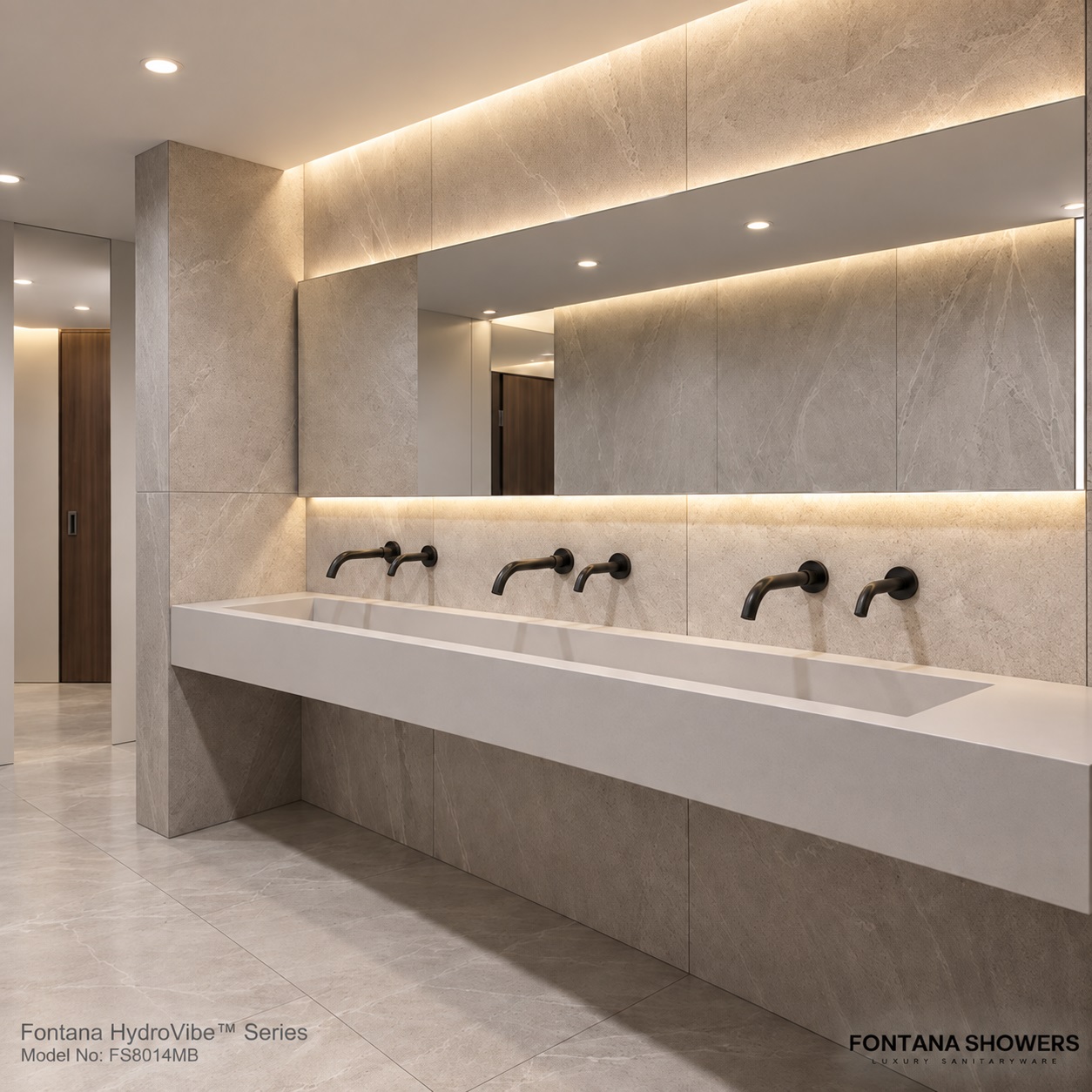 Coordinated matte black restroom ecosystem concept with faucet and soap dispenser