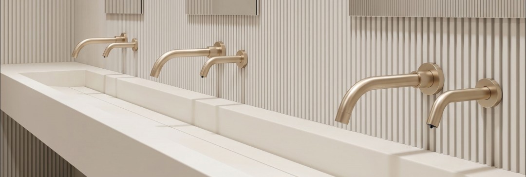 Fontana Hydrovibe wall mounted touchless faucet suite for a commercial restroom
