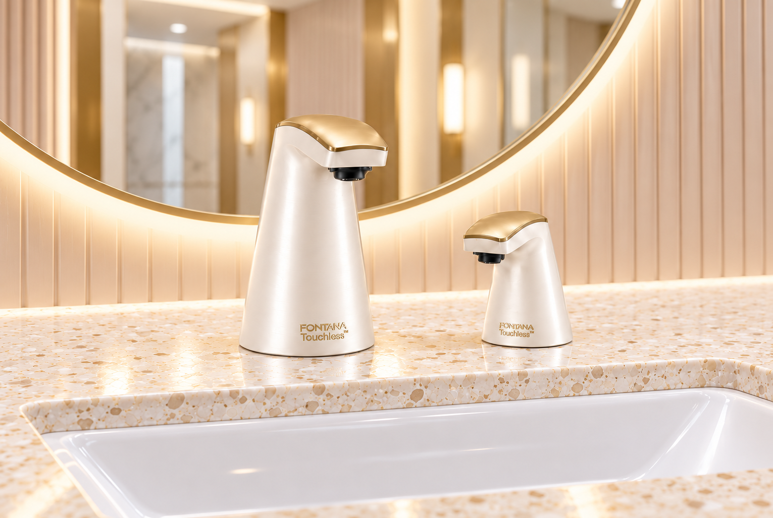 High-traffic restroom sensor faucet bank with multiple washbasins