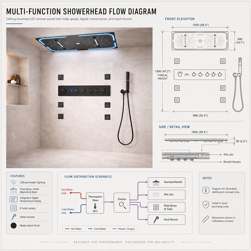 Large Rain Shower Systems Flow Chart Multi-Function Showerhead