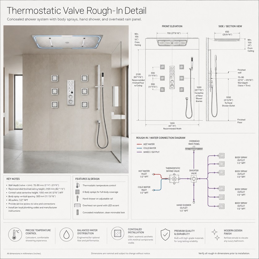 Large Rain Shower Head Systems Thermostatic Valve Rough-In Detail