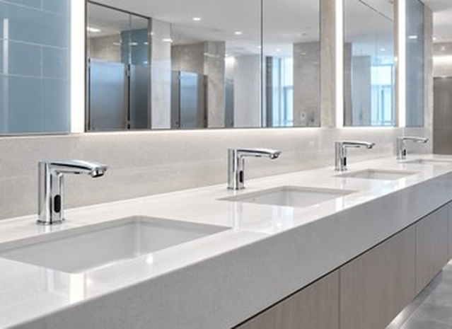 Conceptual healthcare washroom with coordinated chrome touchless sensor faucets