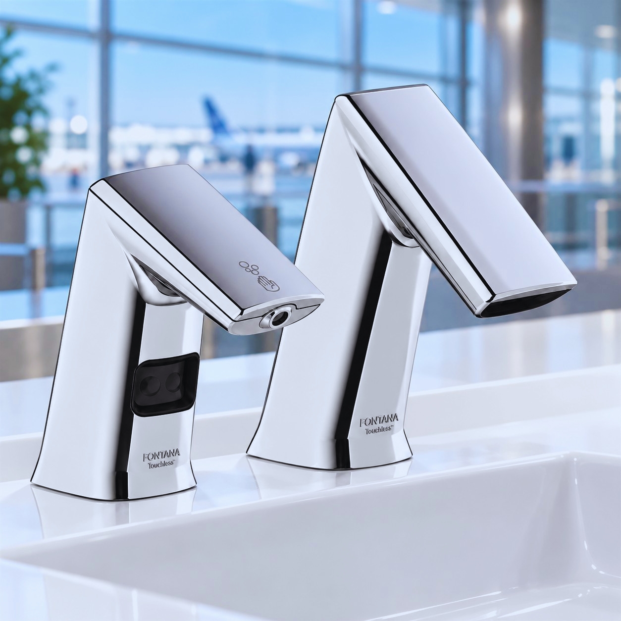 Polished chrome automatic foam soap dispenser with coordinated sensor faucet in a commercial restroom